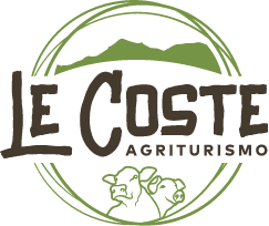 Logo colorato Agriturismo Le Coste con montagne e mucche
